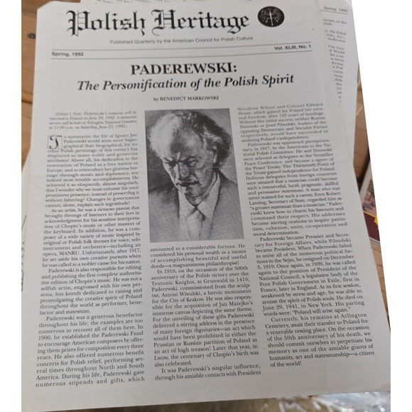 Other - Polish Heritage Quarterly Newsletter Spring 1992 Paderewski Dyczkowski Vol XLIII